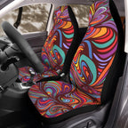 Psychedelic swirl seat cover hero product shot on plain background, universal bucket seat fit