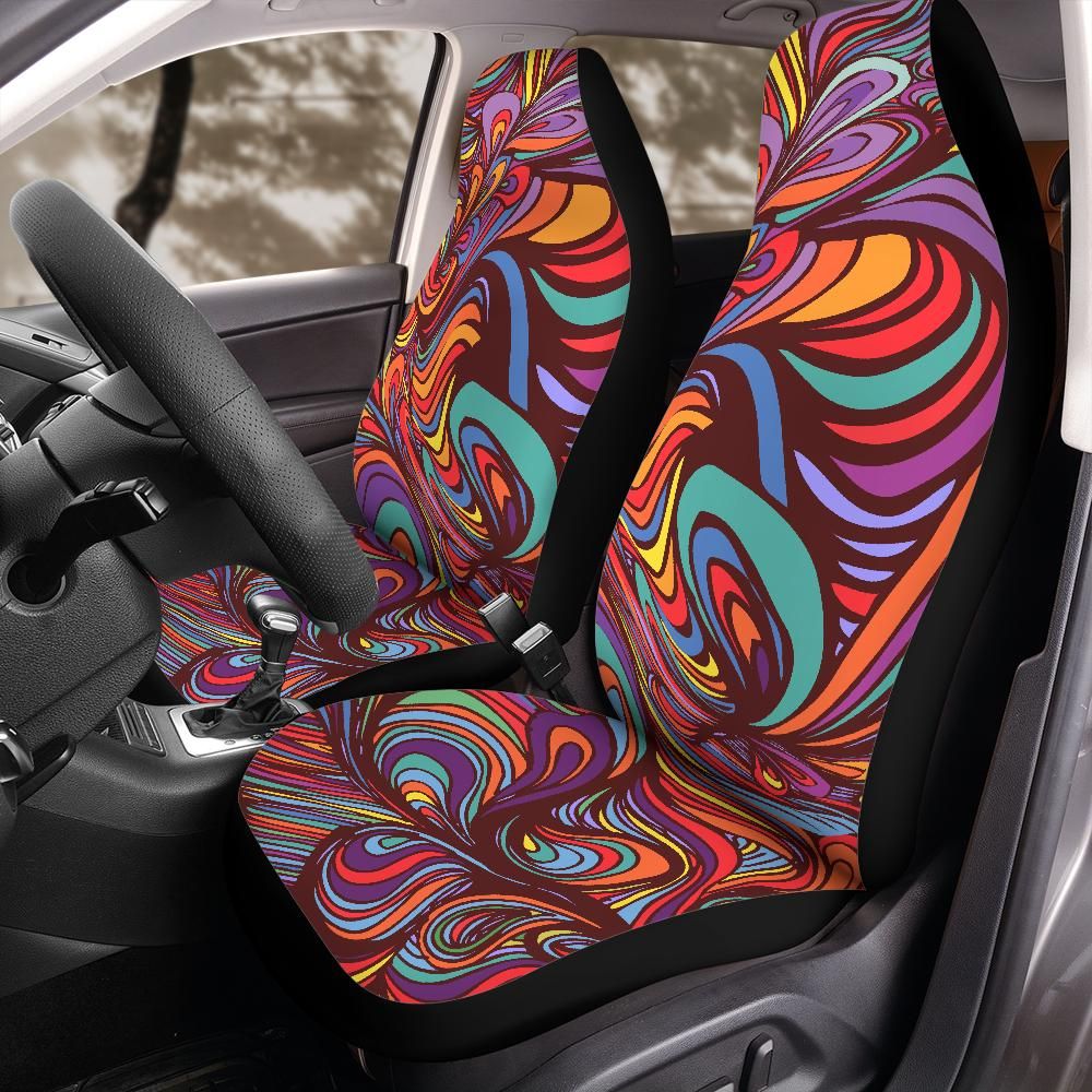 Psychedelic swirl seat cover hero product shot on plain background, universal bucket seat fit