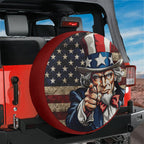 Uncle Sam's Call spare tire cover mounted on red Jeep rear with classic I Want You patriotic recruitment poster