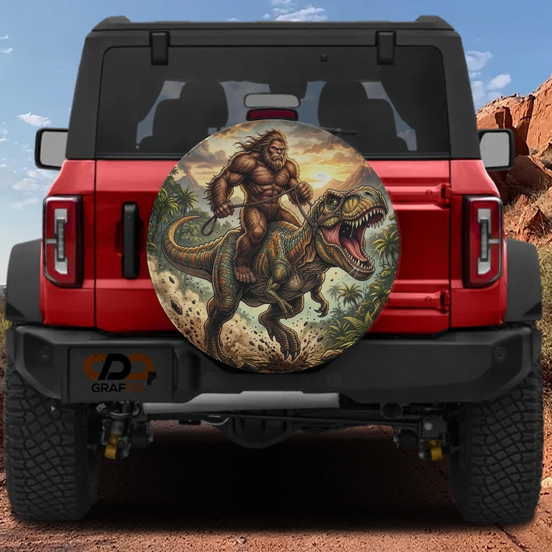 Sasquatch Riding Tyrannosaurus Rex Prehistoric Spare Tire Cover