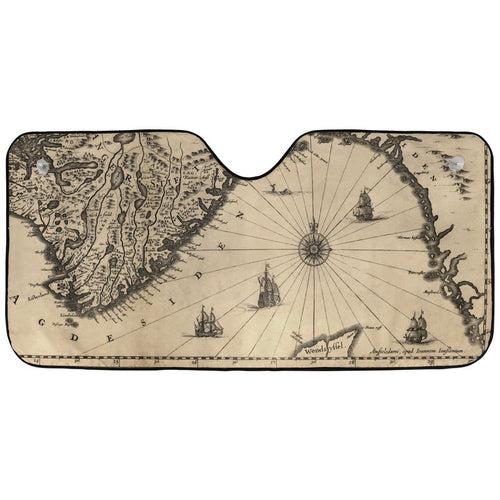 Cartographer Ocean Trail auto sunshade artwork displayed flat above an installed windshield mockup view