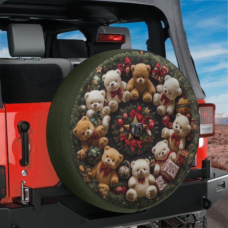Teddy Bear Wreath tire cover round detail many plush bears Christmas ornaments evergreen pine garland