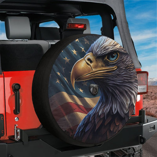 American Pride on Wheels eagle spare tire cover mounted on a black Jeep Wrangler with stars and stripes