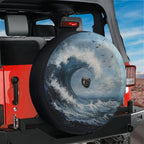 Tidal Wave spare tire cover installed on a red Jeep Wrangler hatch with painted breaking wave and seabird sky