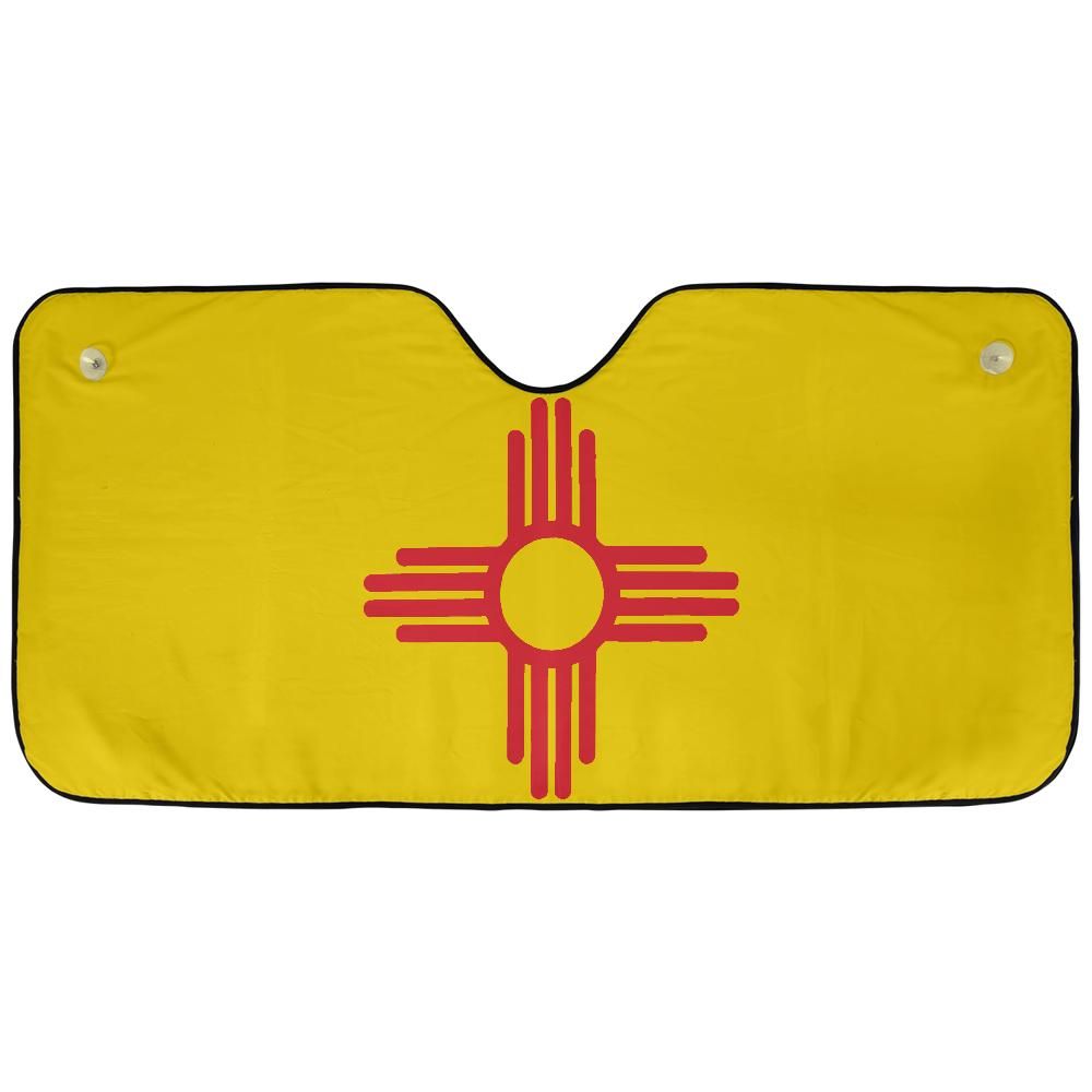 New Mexico State Flag auto sunshade artwork displayed flat above an installed windshield mockup view