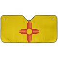 New Mexico State Flag auto sunshade artwork displayed flat above an installed windshield mockup view