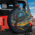 Abstract Sunset Skyline spare tire cover mounted on red Jeep rear with vivid orange purple cityscape silhouette