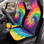 Rainbow tie-dye seat cover hero product shot on plain background, universal bucket seat fit