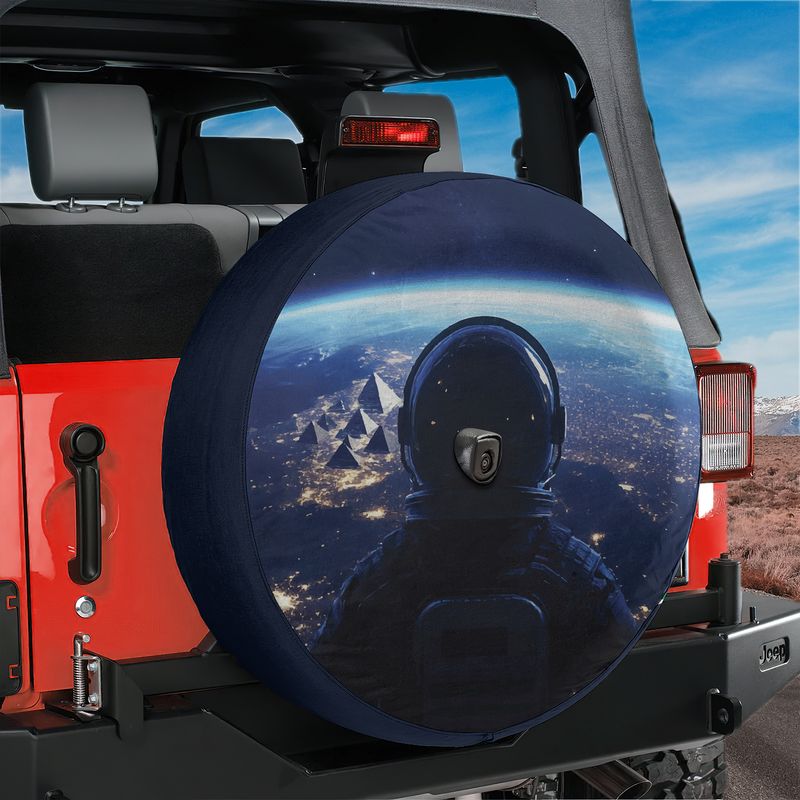 Space Station View spare tire cover product mockup on red Ford Bronco rear desert with astronaut scene
