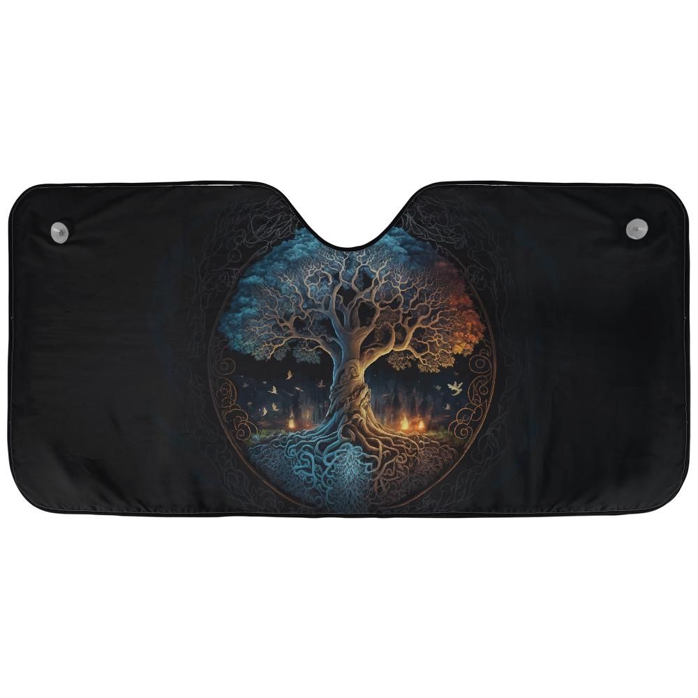 Norse Tree of Life auto sunshade artwork displayed flat above an installed windshield mockup view