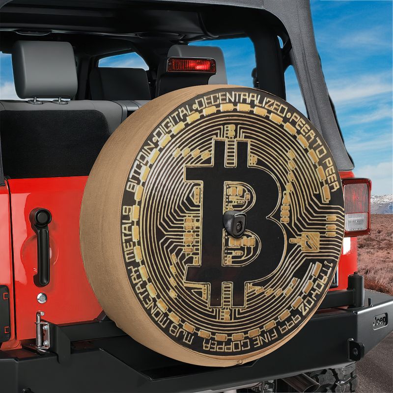 Bitcoin Crypto Token spare tire cover installed on a red Jeep Wrangler rear hatch with the gold crypto B coin