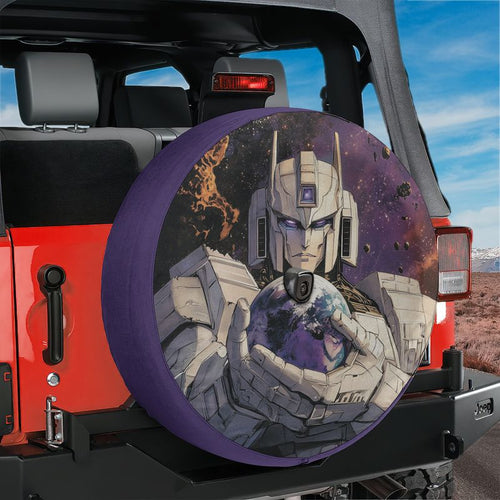 AstroBot Sentinel robot spare tire cover on red Jeep Wrangler with sci-fi space artwork