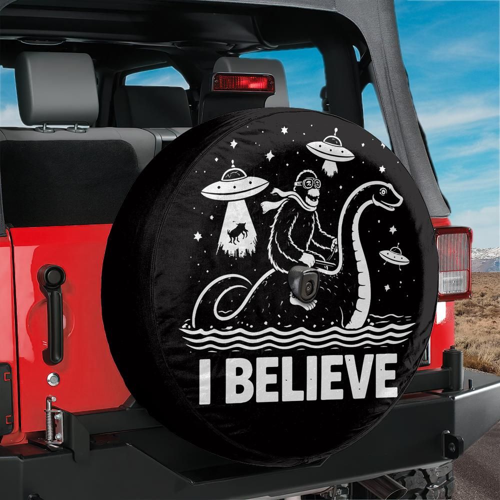 I Believe Bigfoot Riding Nessie UFO Spare Tire Cover