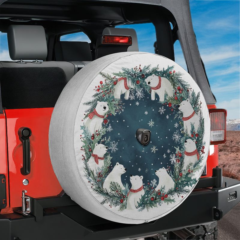 Polar Bear Christmas Wreath spare tire cover on red Jeep Wrangler with watercolor white bears border