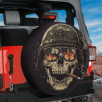 Burning reflections army skull spare tire cover mounted on a red Ford Bronco tailgate against red rock desert