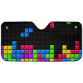 Pixel Block Puzzle auto sunshade artwork displayed flat above an installed windshield mockup view