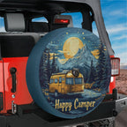 Happy Camper tire cover round detail yellow camper van mountain pine forest under golden full moon