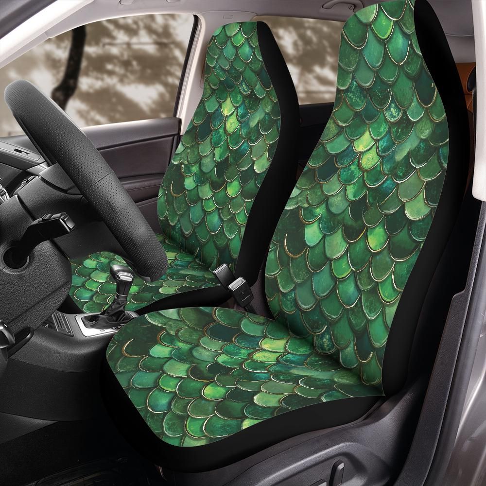 Green dragon scale mermaid seat cover hero product shot on plain background, bucket seat fit