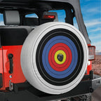 Archery Target spare tire cover with concentric yellow red blue rings and center camera hole