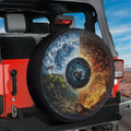 Wheel of Elements spare tire cover with earth water fire air symbols around center camera hole