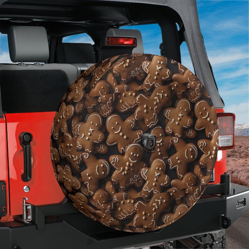 Gingerbread cookie tire cover on red Jeep Wrangler iced holiday cookies pattern with camera cutout