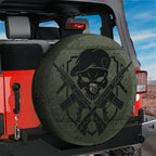 Covert Ops Badge spare tire cover with tactical skull and rifles on red Jeep Wrangler back