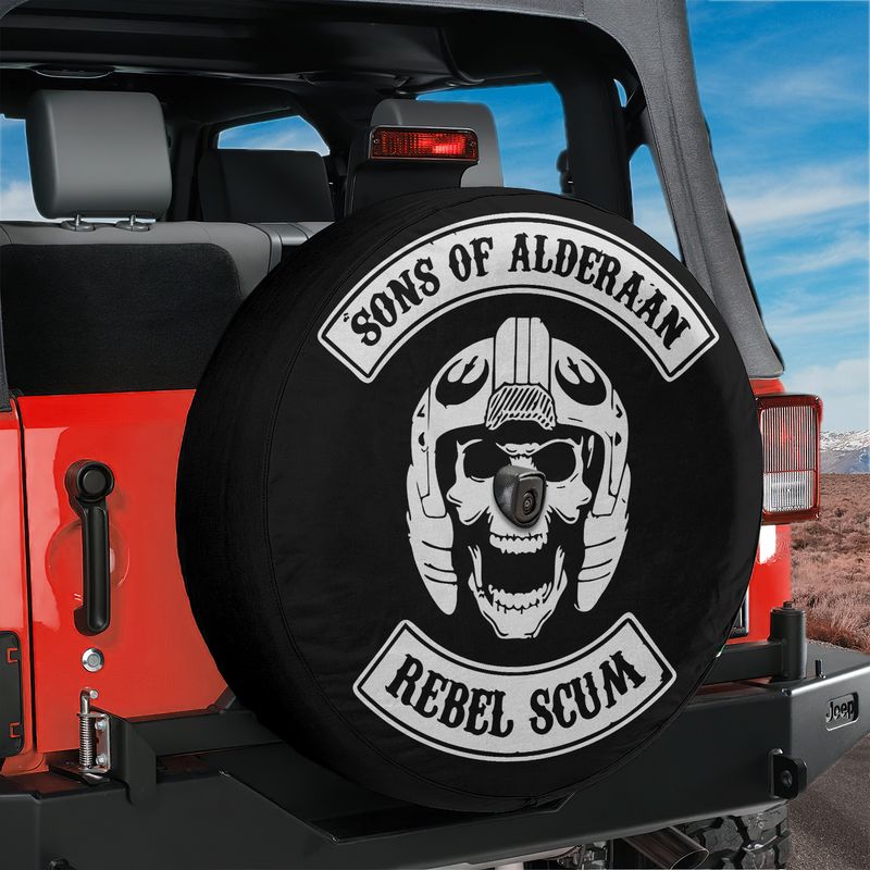 Sons of Alderaan Rebel Scum spare tire cover mounted on red Jeep rear with parody sci-fi rebel emblem and text
