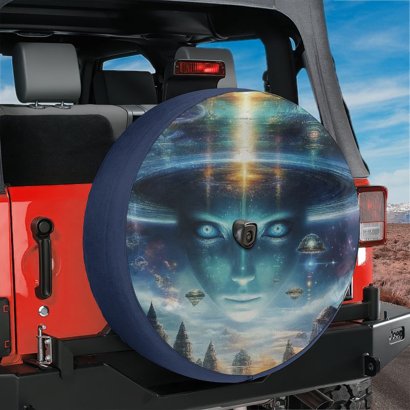 Alien Enlightenment spare tire cover on red Jeep with blue cosmic face floating cities and camera cutout