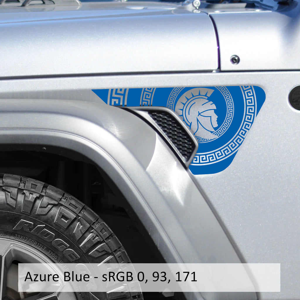 Azure Blue Roman Centurion fender vent decal preview on Jeep Wrangler JL Gladiator JT billet vent