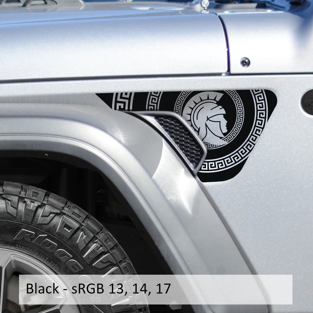 Black Roman Centurion fender vent decal preview on Jeep Wrangler JL Gladiator JT billet vent