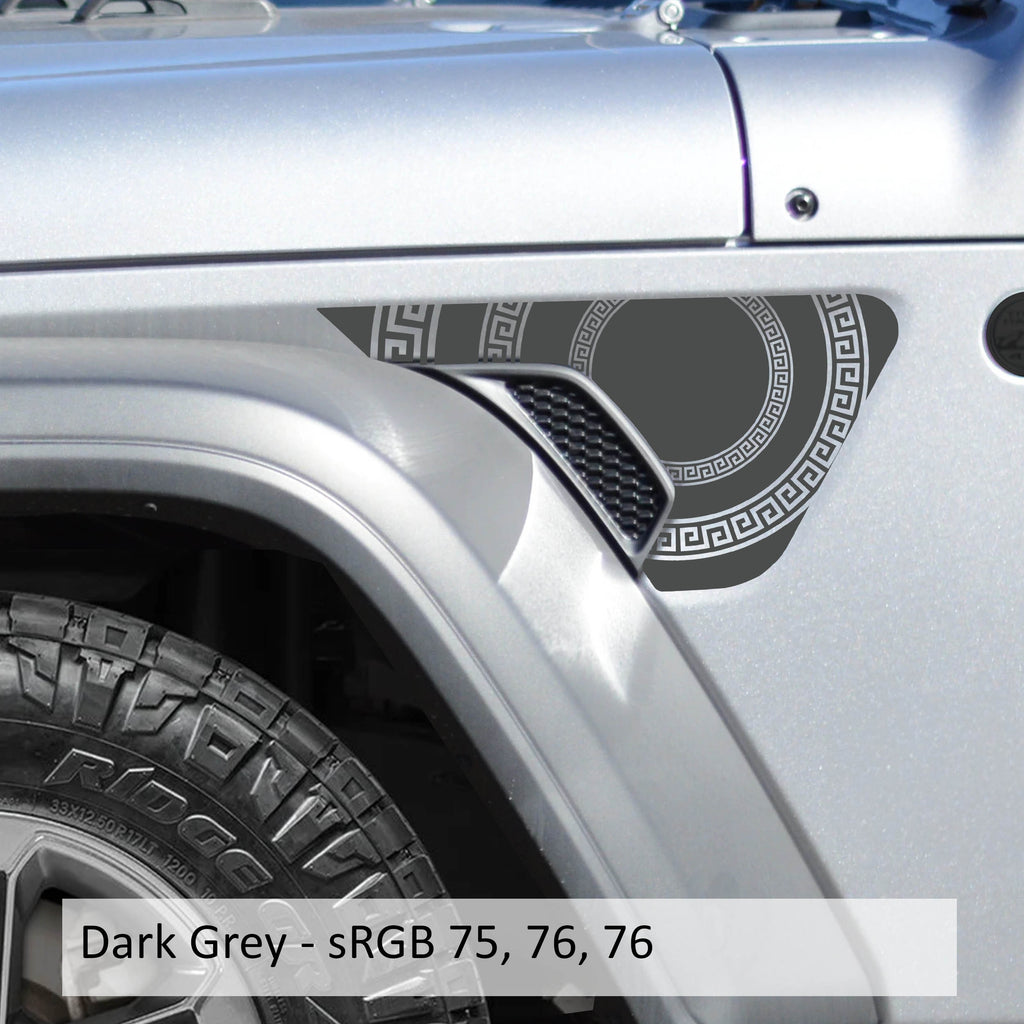 Dark Gray Greek Roman circle fender vent decal preview Jeep Wrangler JL Gladiator JT billet