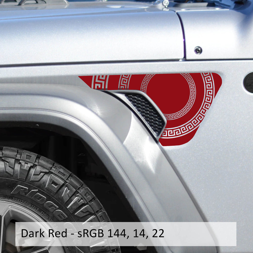 Dark Red Greek Roman circle fender vent decal preview Jeep Wrangler JL Gladiator JT billet