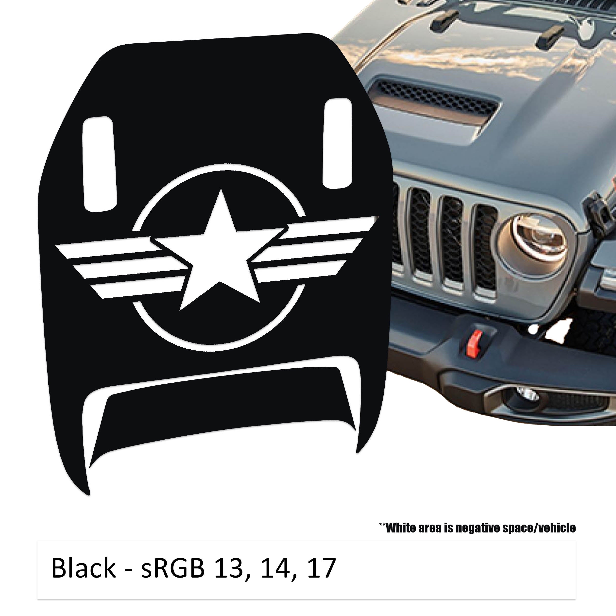 Black US Military Roundel Clawed Foot JL JT Mojave hood decal shown on Jeep Wrangler hood