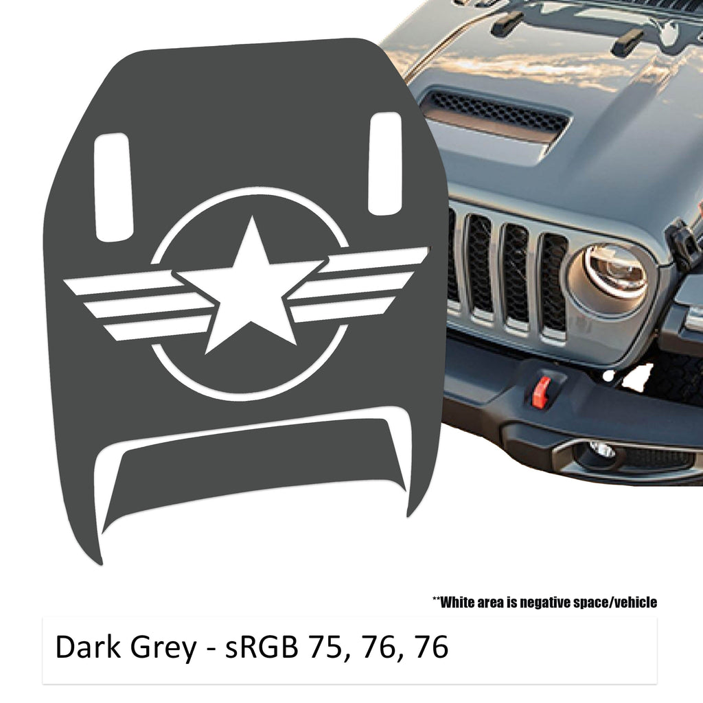 Dark gray US Military Roundel Clawed Foot JL JT Mojave hood decal on Jeep Wrangler hood