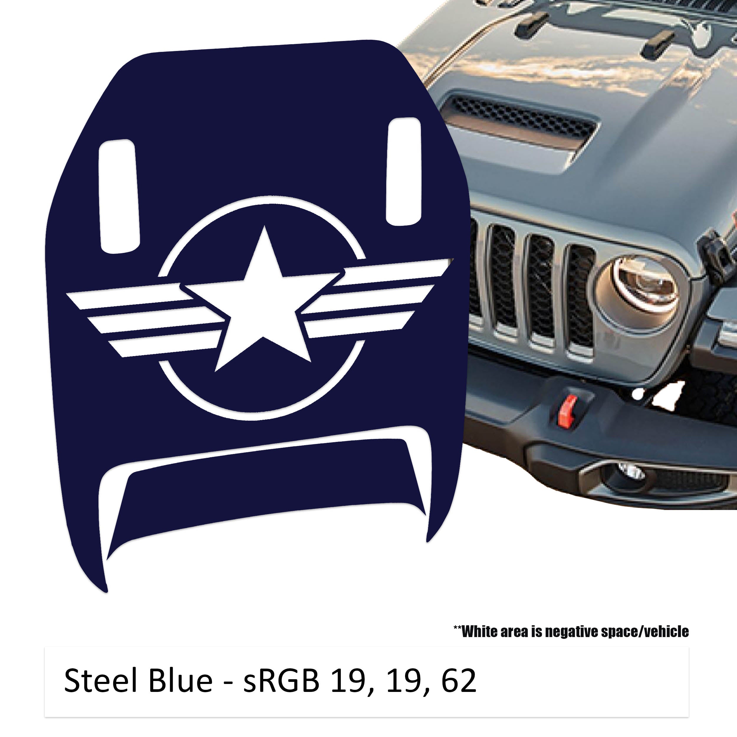 Steel blue US Military Roundel Clawed Foot JL JT Mojave hood decal on Jeep Wrangler hood
