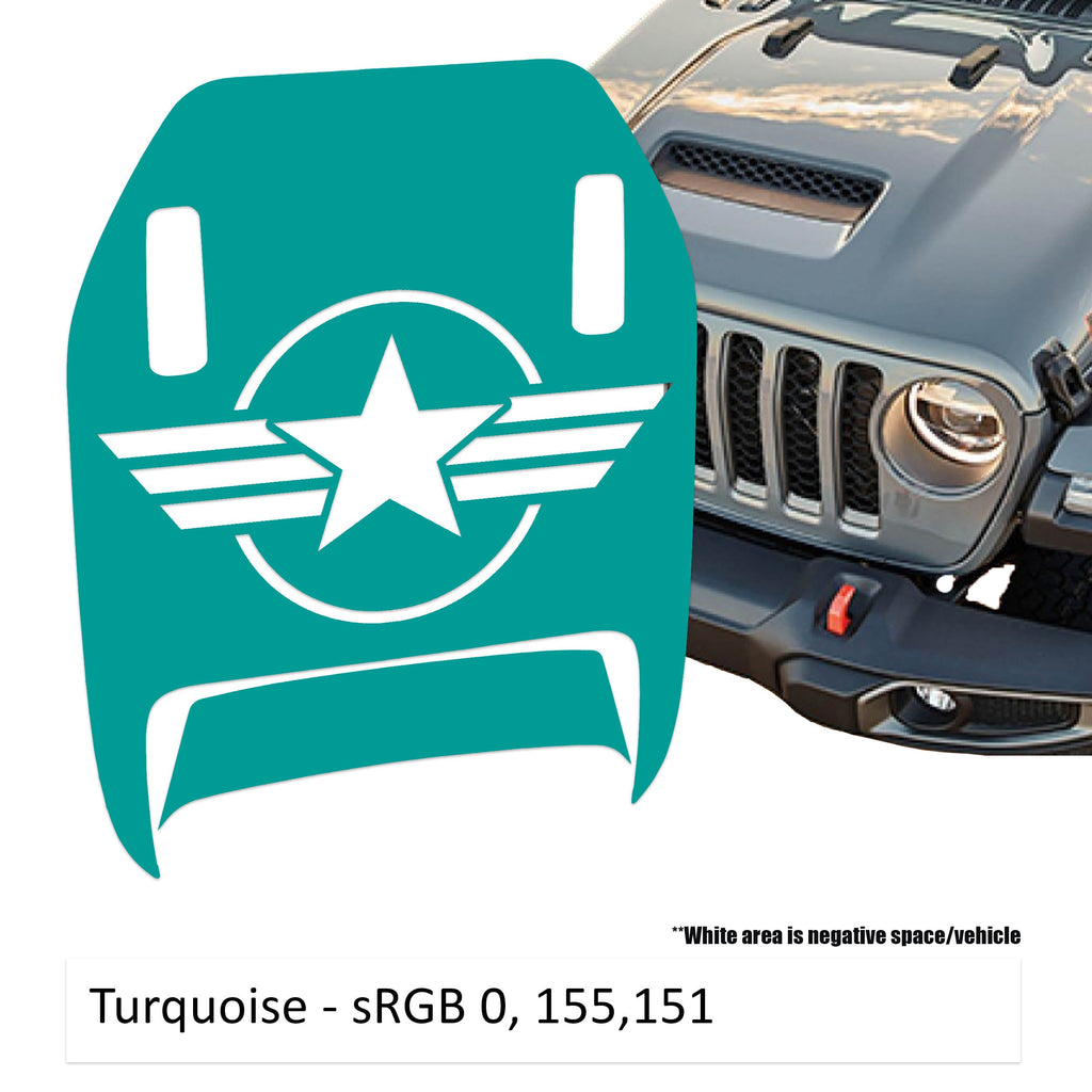 Turquoise US Military Roundel Clawed Foot JL JT Mojave hood decal shown on Jeep Wrangler hood