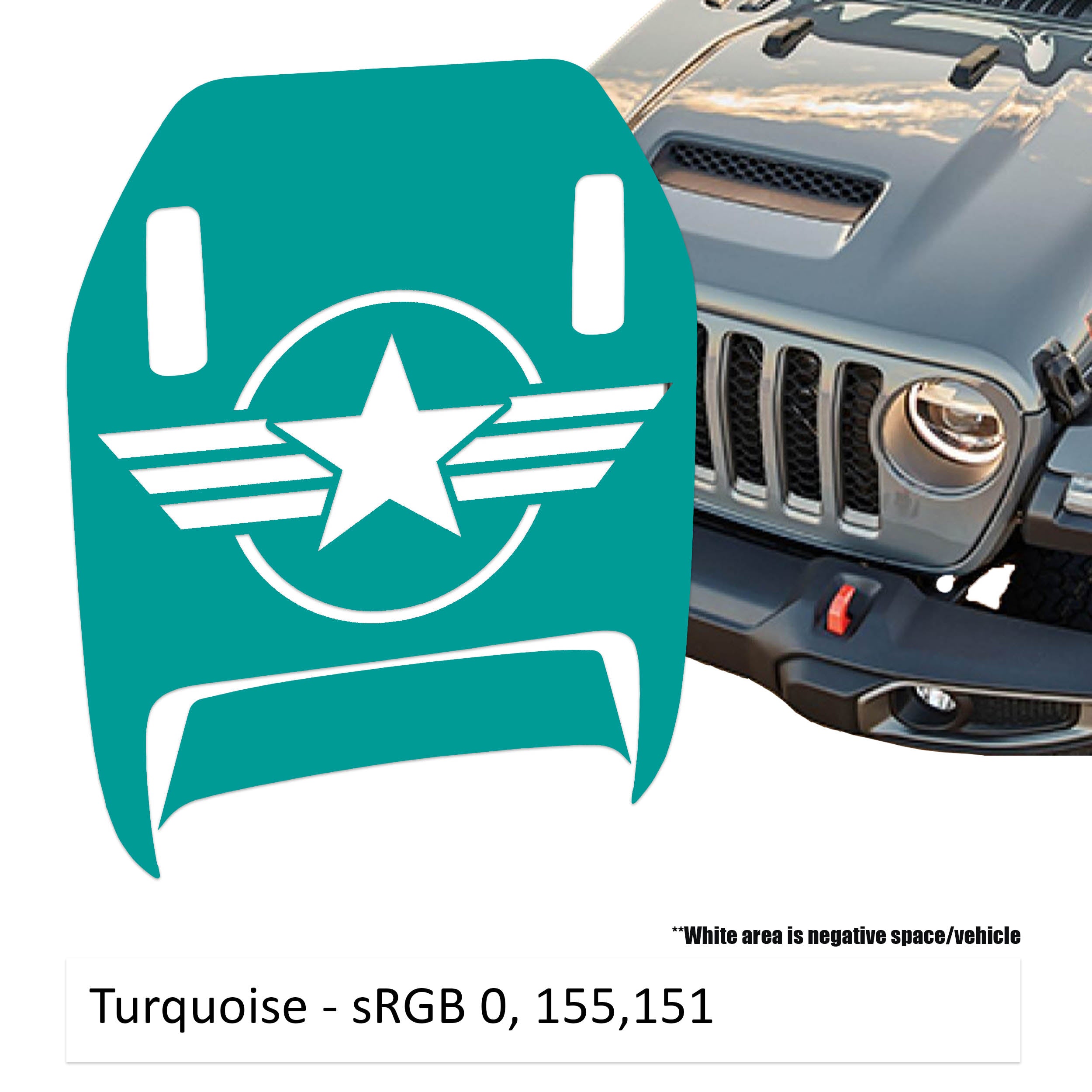 Turquoise US Military Roundel Clawed Foot JL JT Mojave hood decal shown on Jeep Wrangler hood