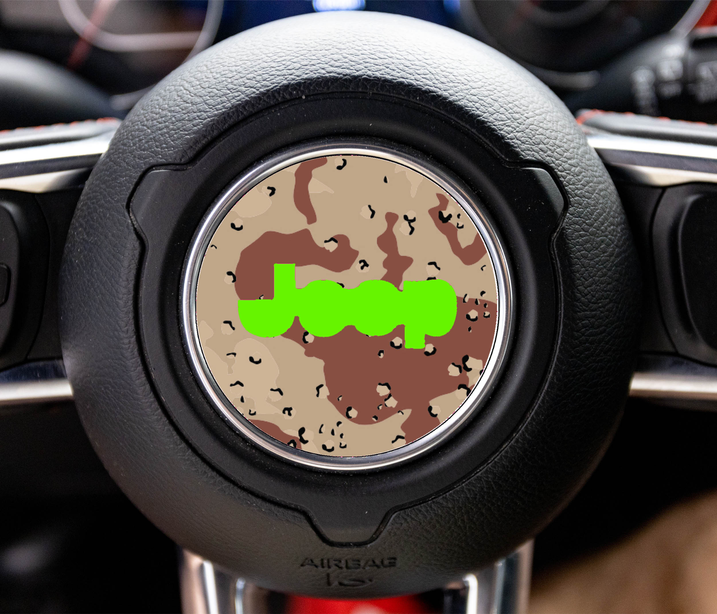 Sand desert tan camouflage Jeep steering wheel center decal with bright green Jeep logo on round overlay