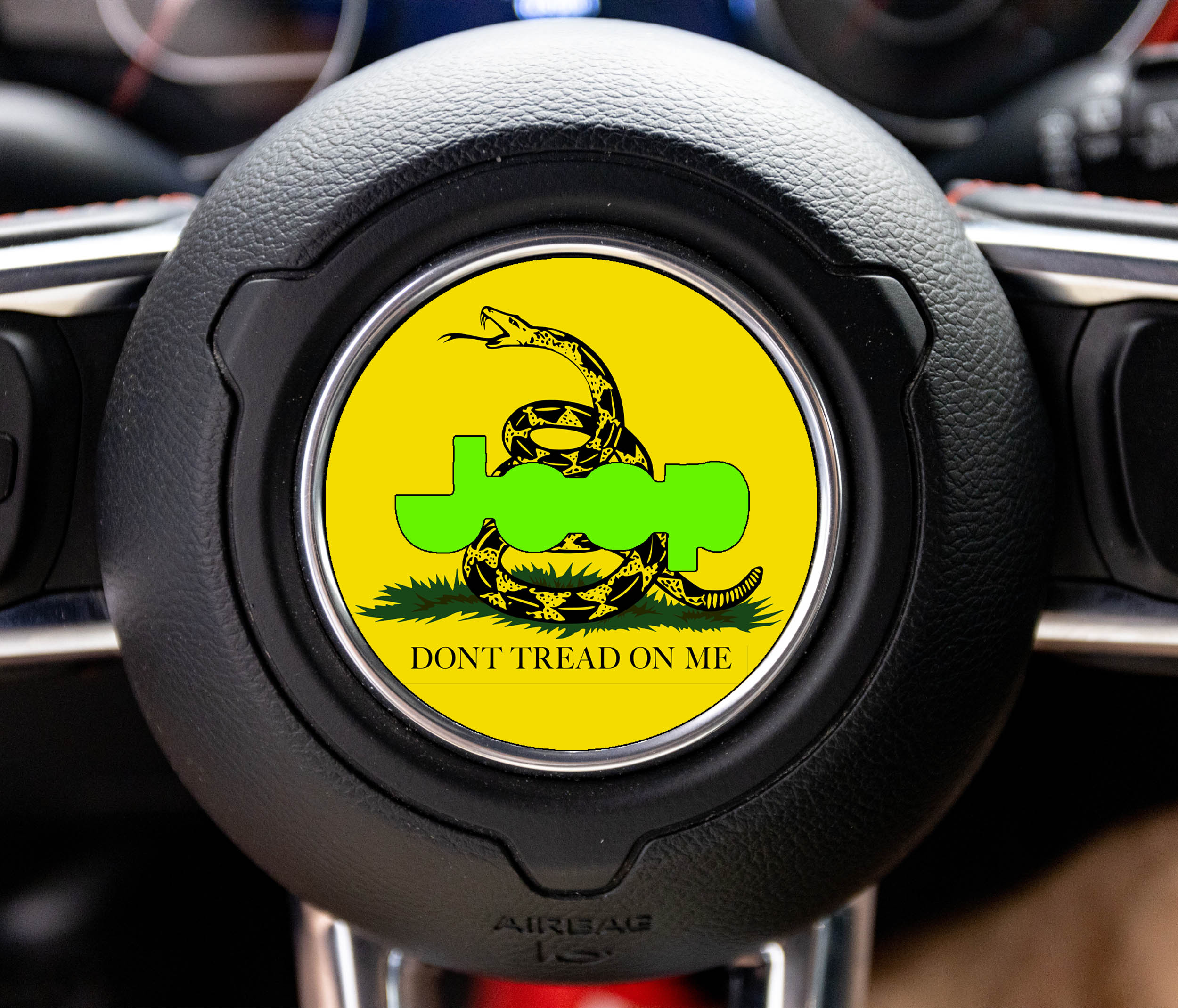 Gadsden Dont Tread On Me snake yellow Jeep steering wheel airbag center decal overlay shown
