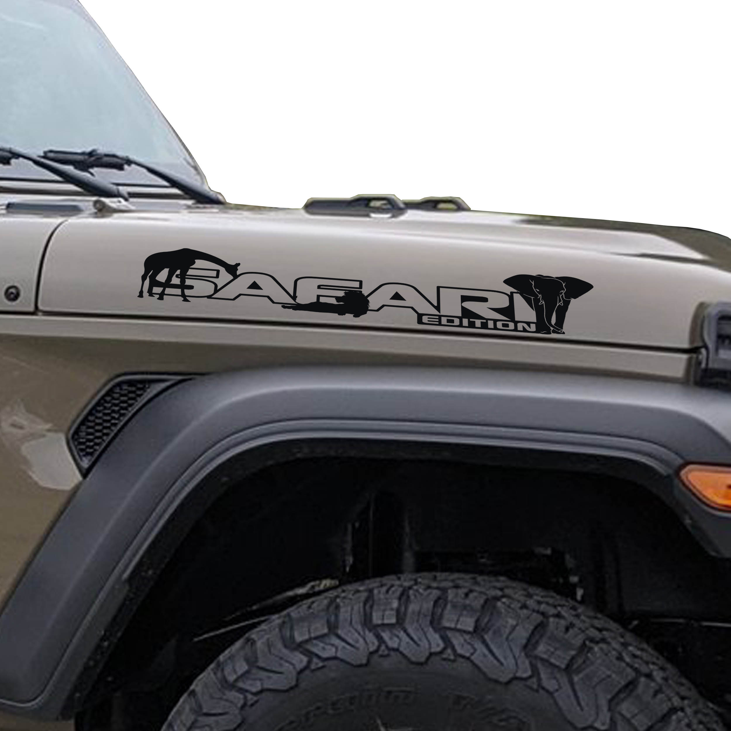 Black Safari Edition giraffe and elephant outline letter side hood decal pair close-up product view