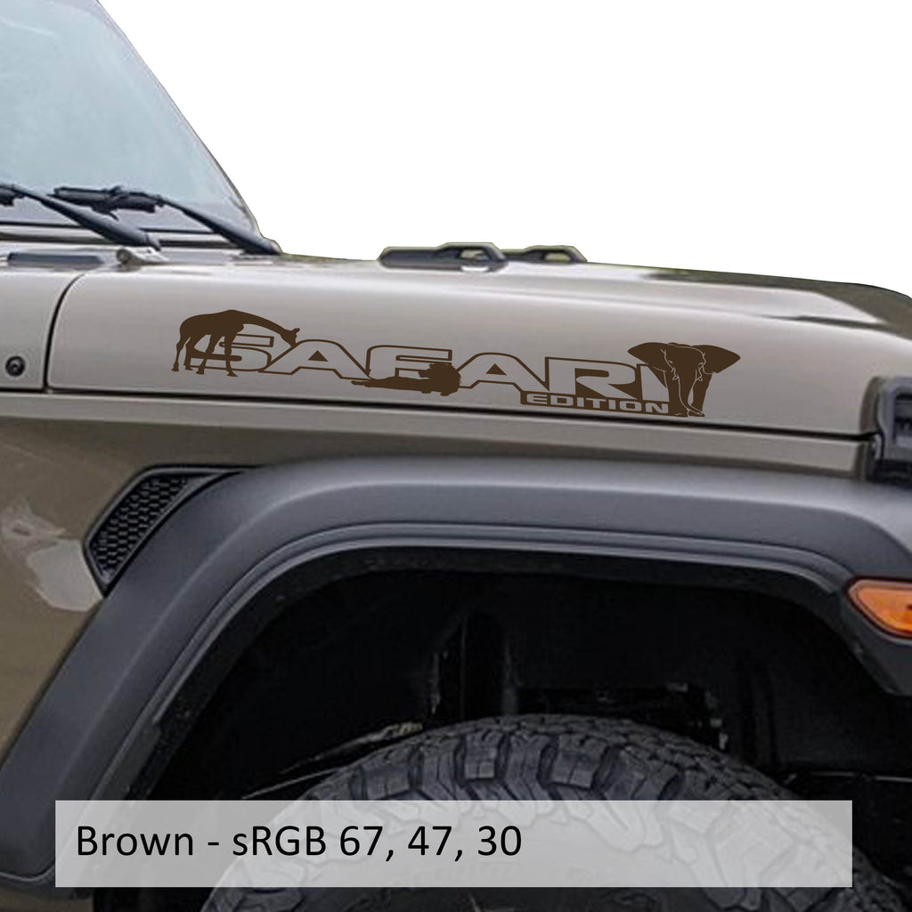 Brown Safari Edition giraffe and elephant outline letter side hood decal pair close-up product view