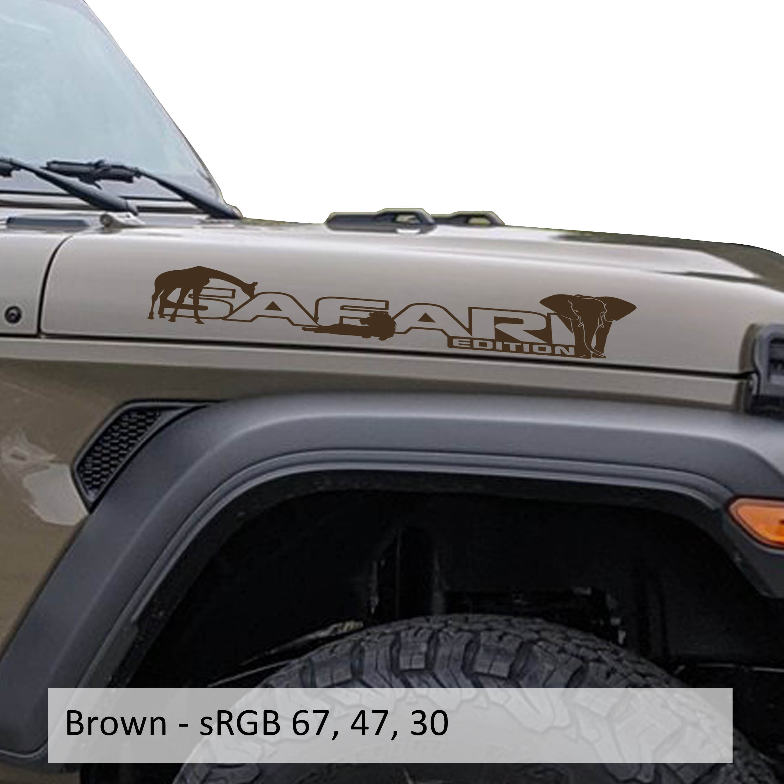 Brown Safari Edition giraffe and elephant outline letter side hood decal pair close-up product view