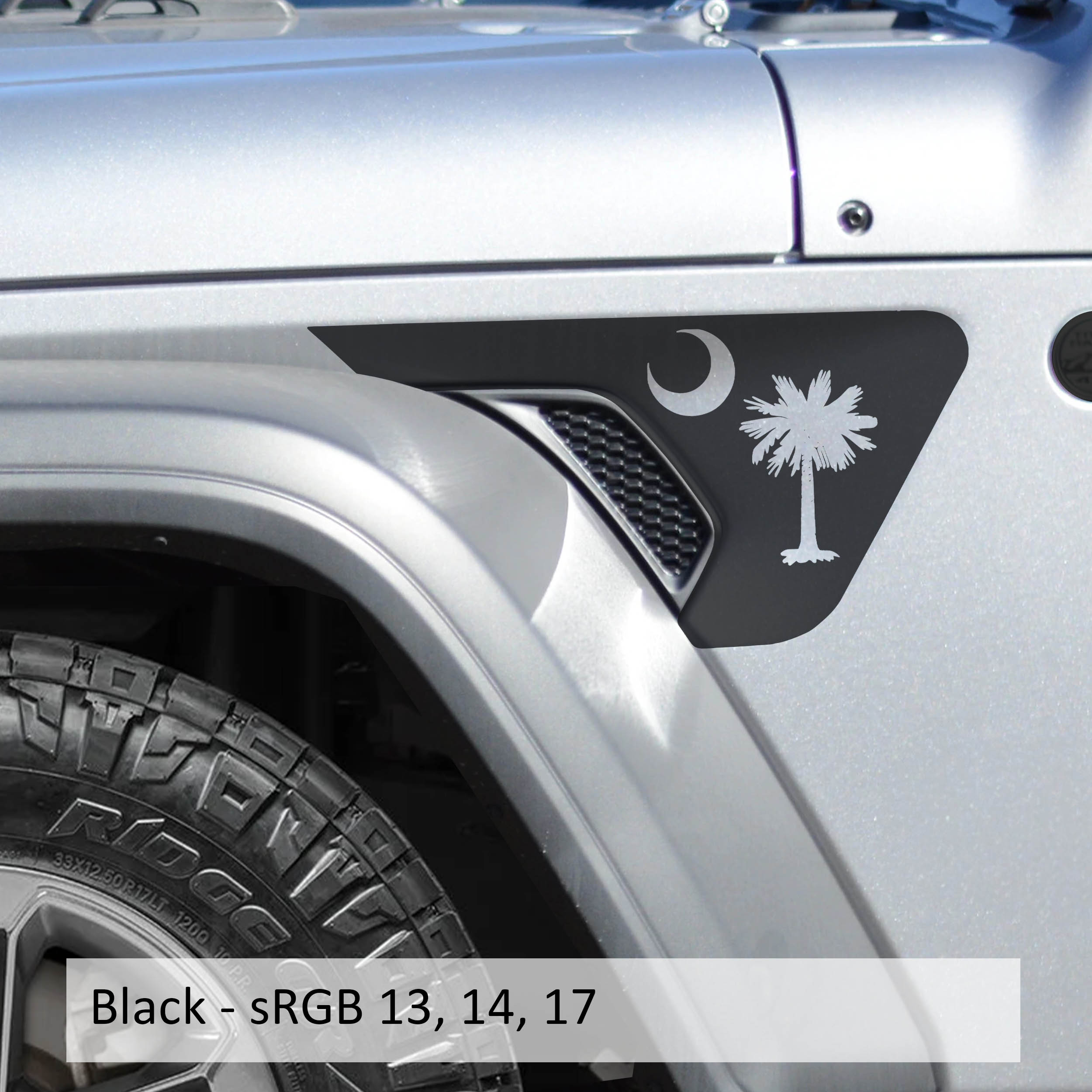 Black South Carolina palmetto logo decal on Jeep billet aluminum fender vent insert