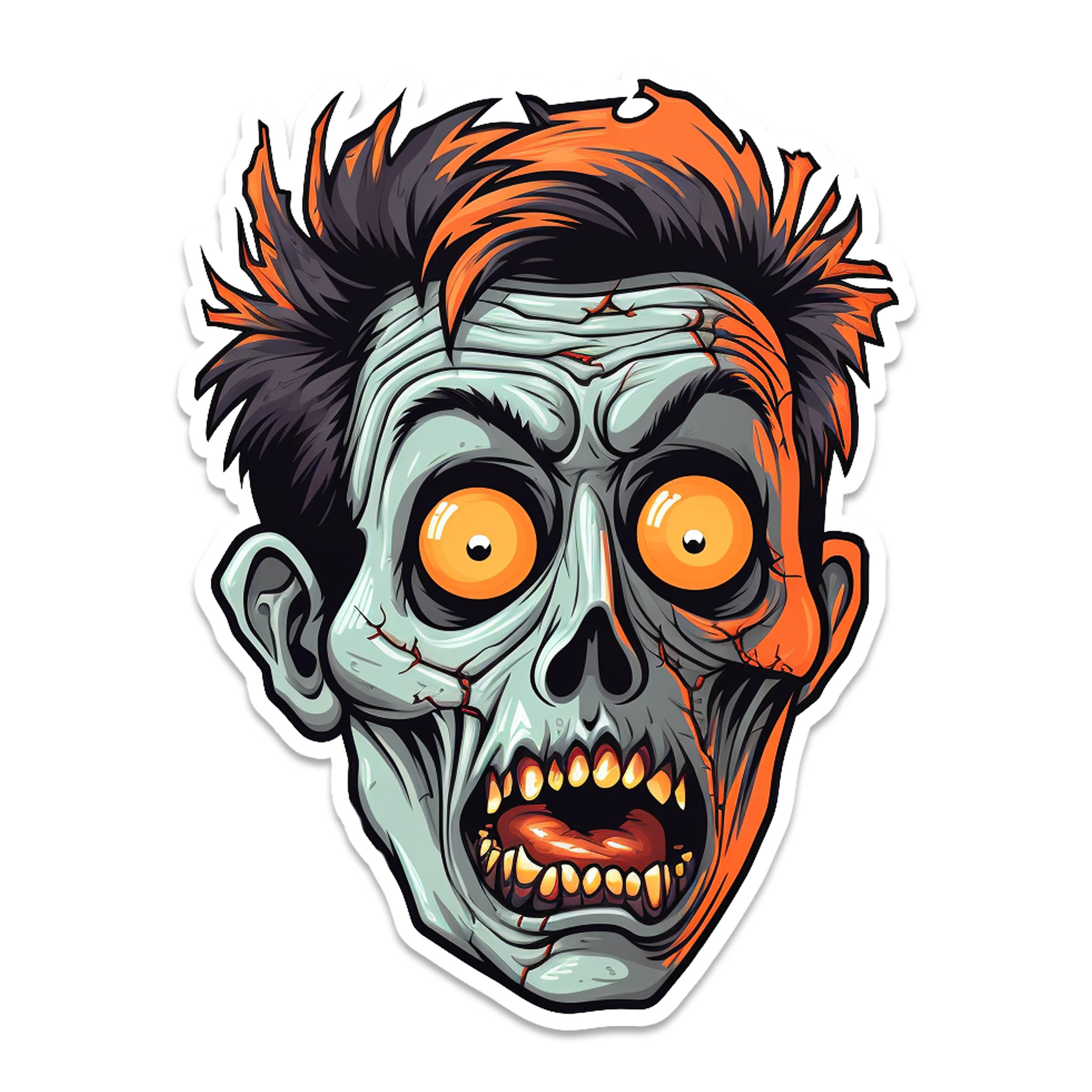 Front-facing Halloween zombie sticker with spiky orange-and-black hair, glowing orange eyes, jagged grimace