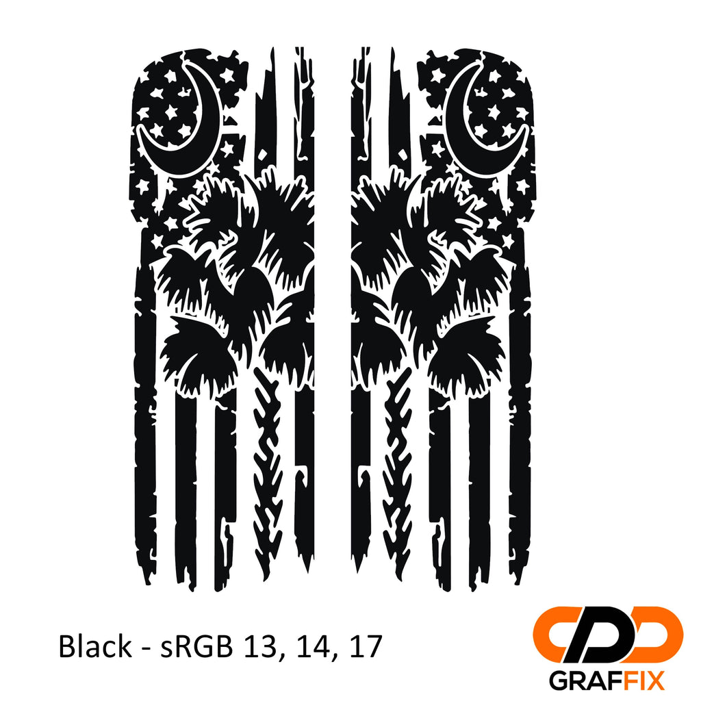 Black tattered American flag with Palmetto crescent moon side window vinyl decal close-up view