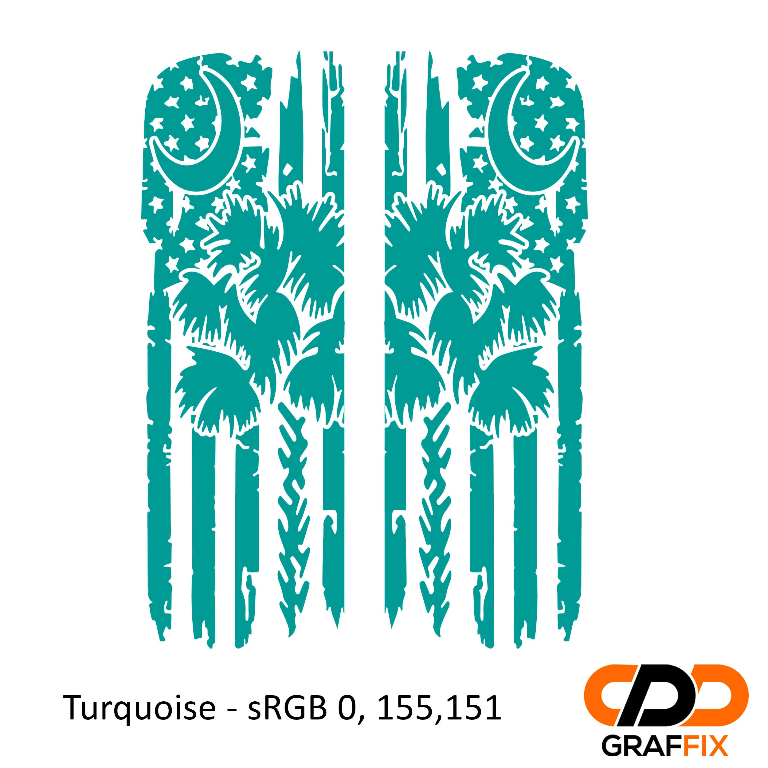Turquoise tattered American flag with Palmetto crescent moon side window vinyl decal close-up view