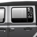 Black tattered American flag with Palmetto crescent moon side window decal on gray Jeep Wrangler JL