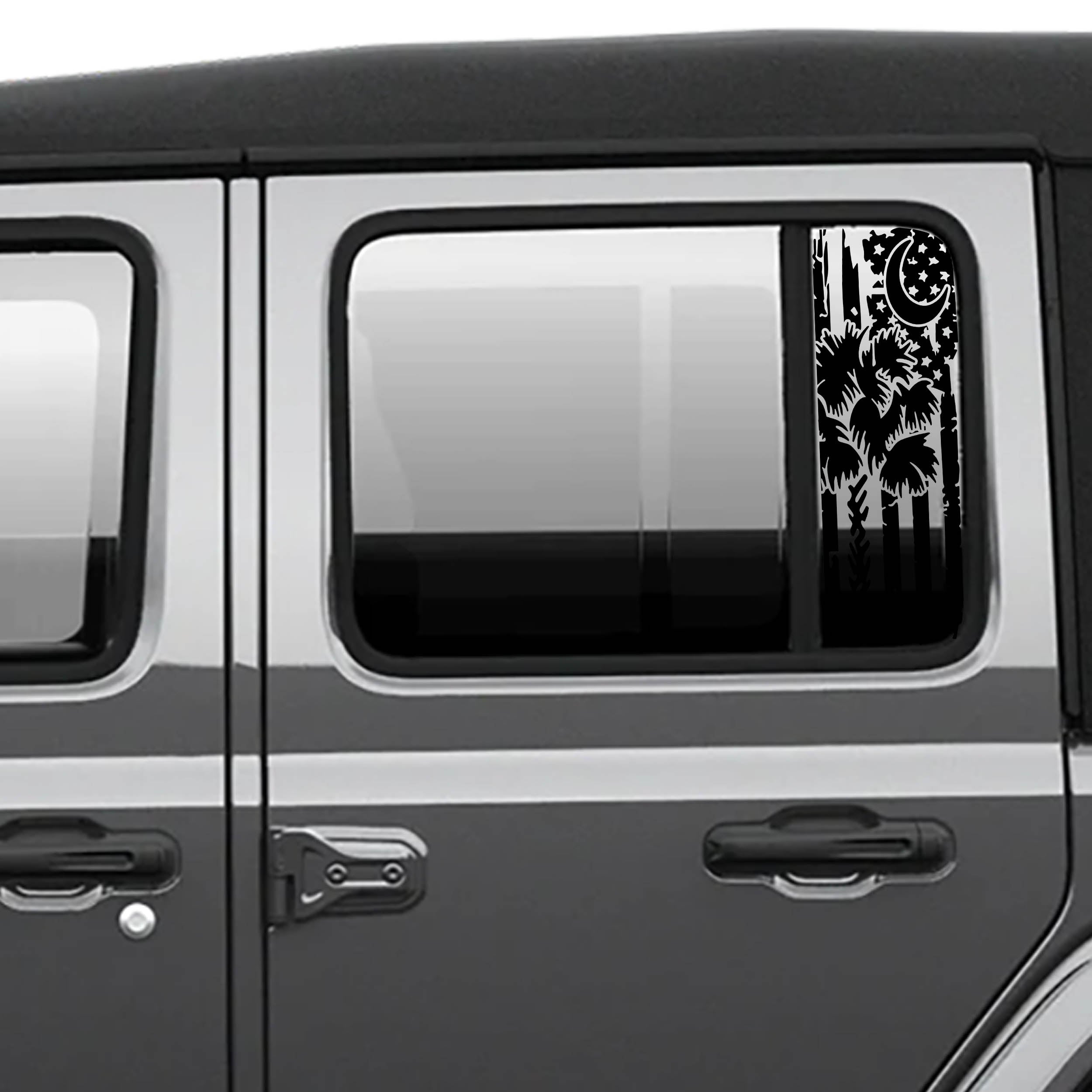 Black tattered American flag with Palmetto crescent moon side window decal on gray Jeep Wrangler JL