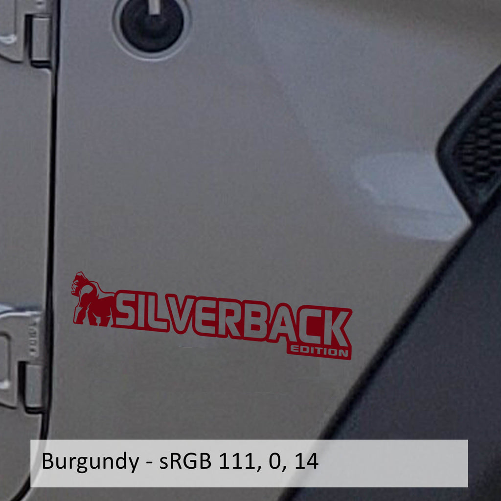 Burgundy Silverback Edition Jeep Wrangler fender vinyl decal pair with gorilla mountain silhouette art.