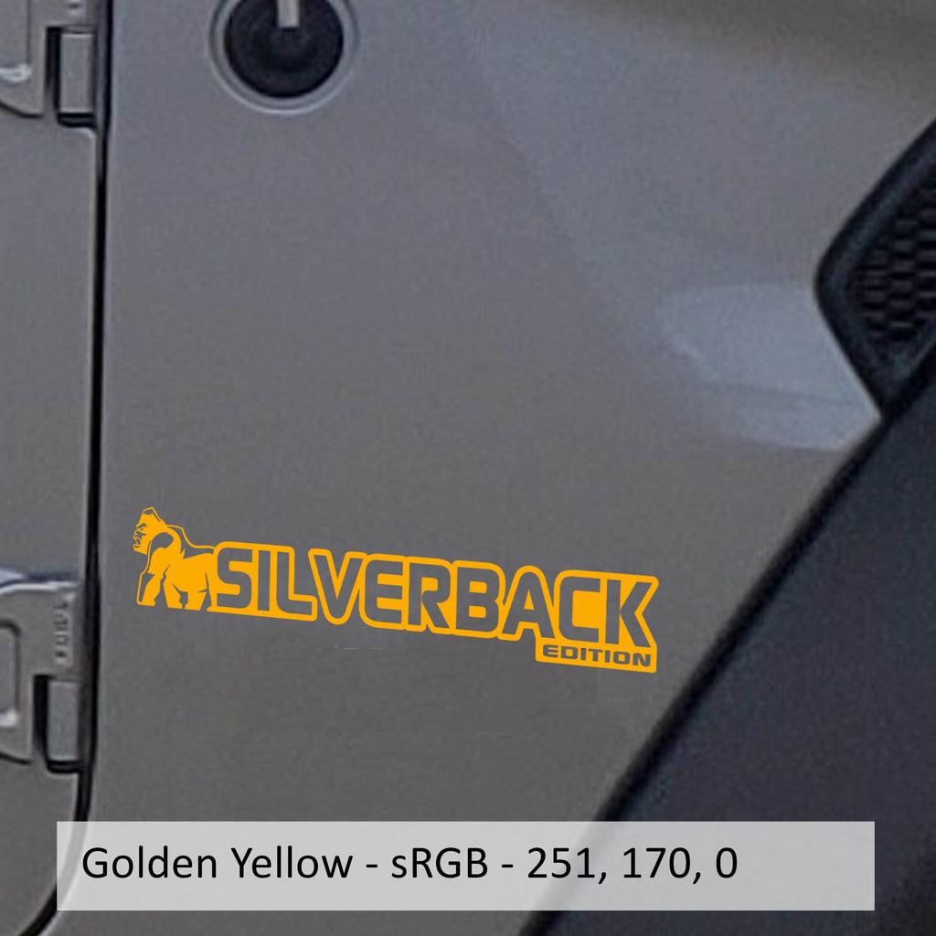 Gold yellow Silverback Edition Wrangler fender vinyl decal pair featuring gorilla mountain artwork.